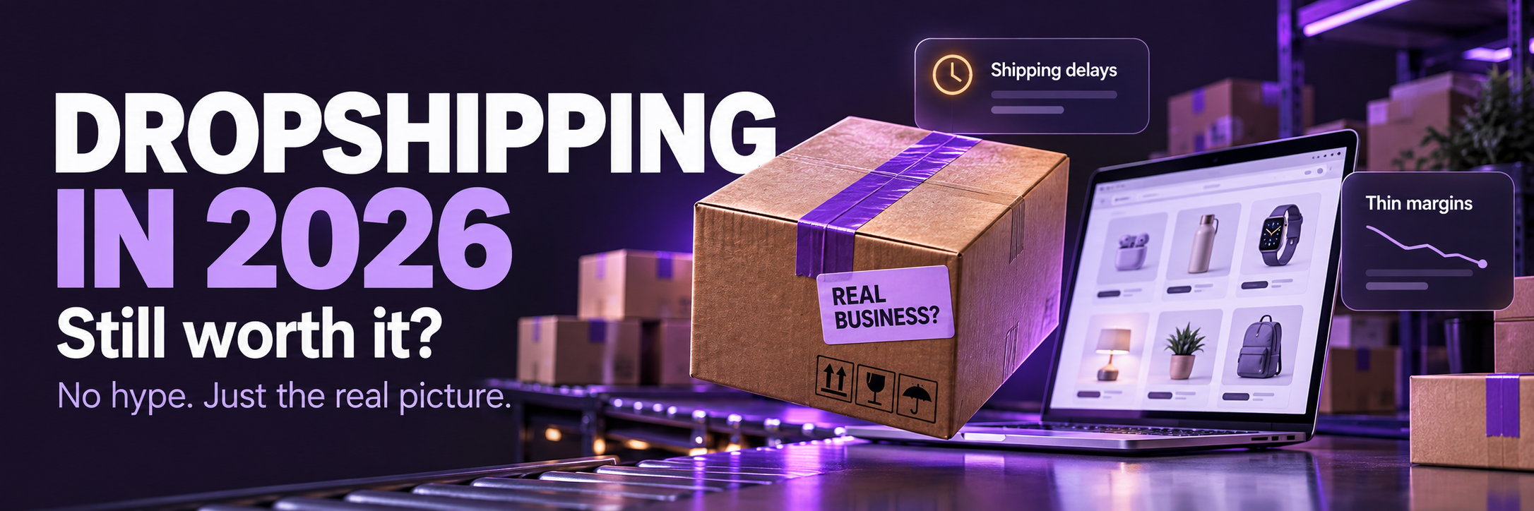 Dropshipping in 2026 banner with a shipping box, an online store on a laptop, and labels highlighting shipping delays and thin margins.