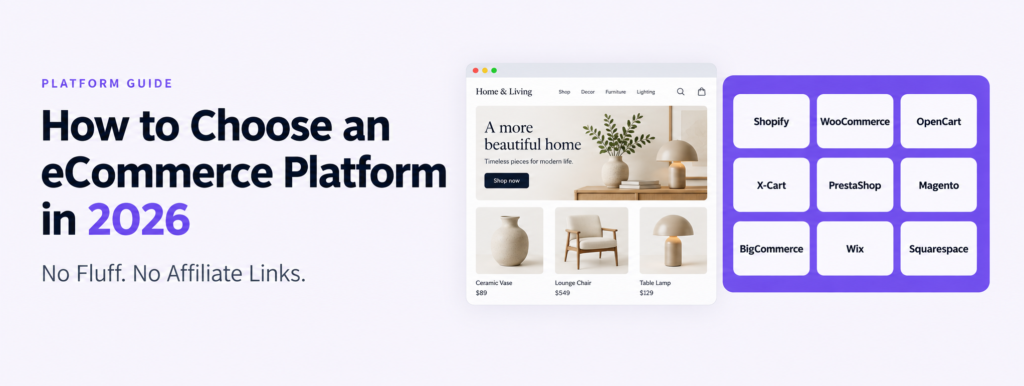 How to choose an eCommerce platform in 2026, illustrated with an online store preview and a platform comparison grid.