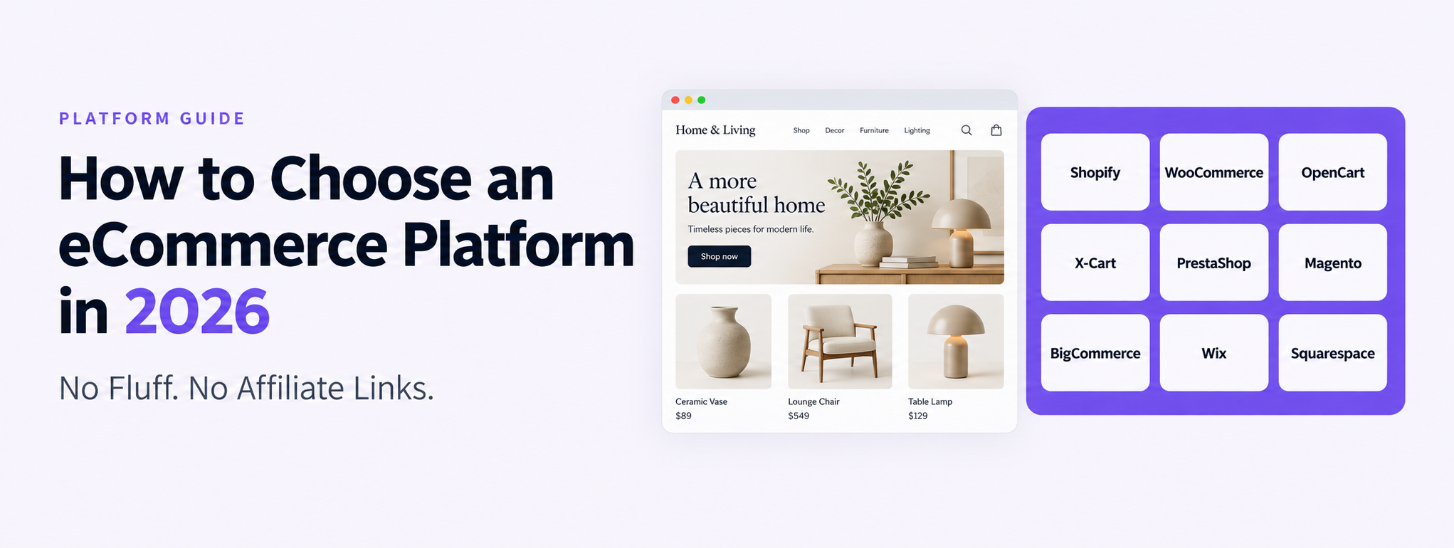 How to choose an eCommerce platform in 2026, illustrated with an online store preview and a platform comparison grid.