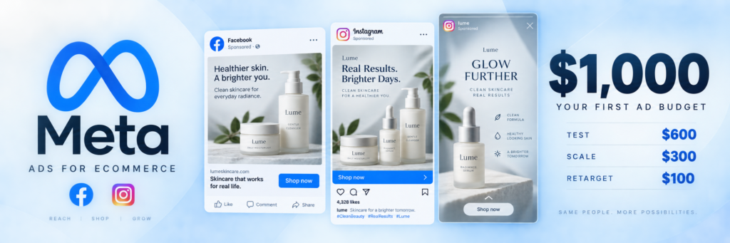 Meta Ads for eCommerce with Facebook and Instagram ad examples and a $1,000 budget split between testing, scaling, and retargeting.