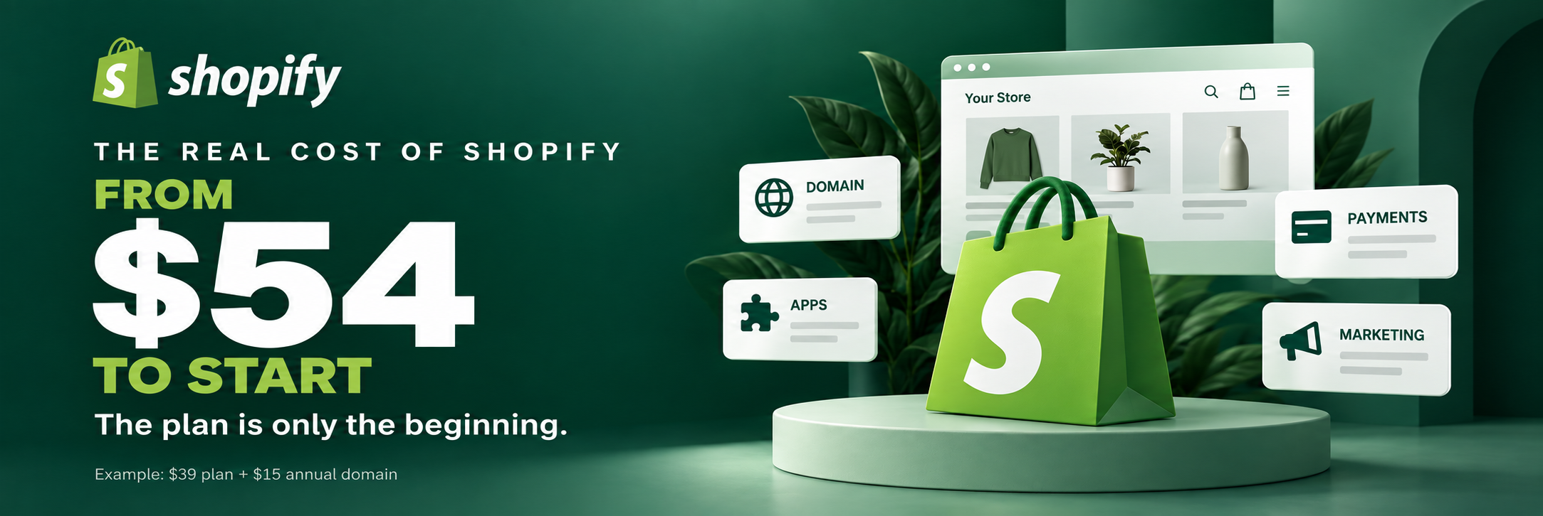 Shopify store cost banner featuring the Shopify logo, a $54 starting budget, and online store graphics on a green background.