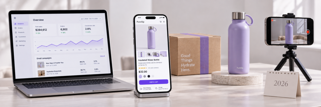 eCommerce analytics on a laptop, mobile shopping on a smartphone, and a product video setup with a lavender water bottle.