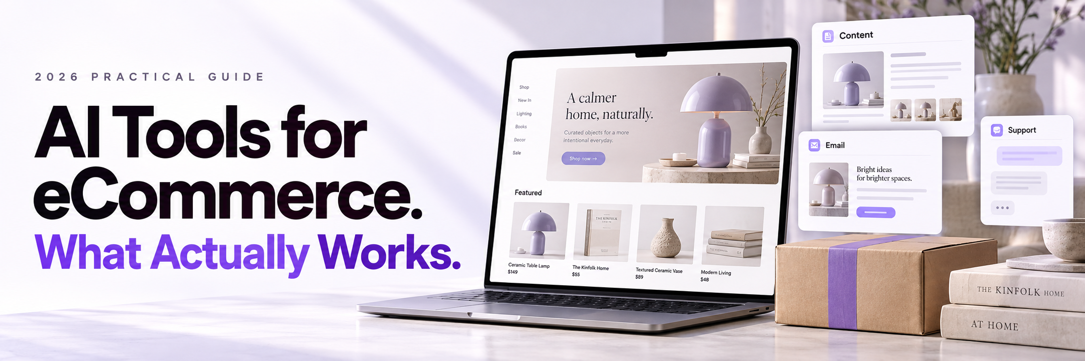AI tools for eCommerce illustrated by an online store on a laptop with content, email, and customer support panels.